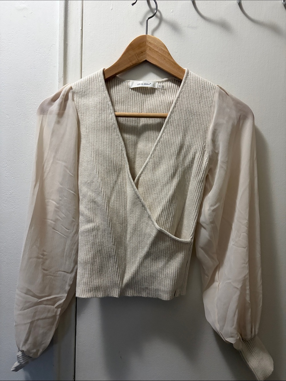 Idem Ditto Ivory Wrap Rib-Knit Top with Sheer Balloon Sleeves